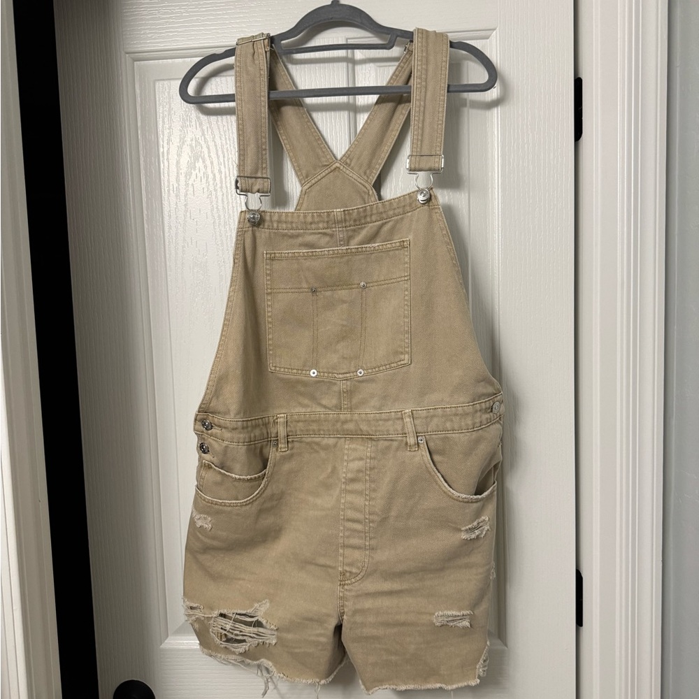 We The Free Beige Distressed Denim Short Overalls